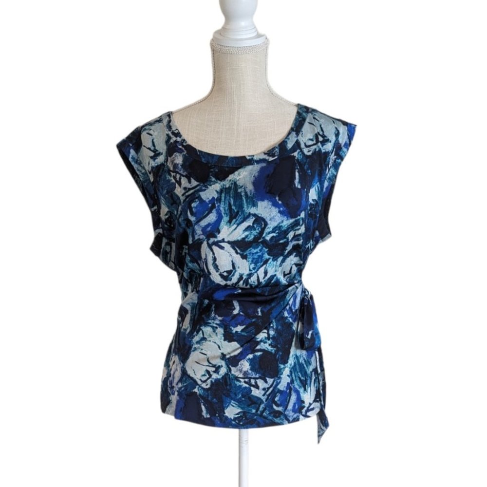 Ann Taylor Blue Floral Silky Faux Wrap Blouse Top